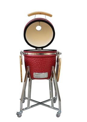 Paslanmaz Çelik Seramik 15 İnç Kamado Izgara Kırmızı Renk 39cm Sepetli ve Yan Sehpalar